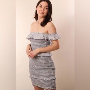 Storia Off The Shoulder Mini Dress Smocked Ruffle Cotton Linen Stripe Blue Sz S